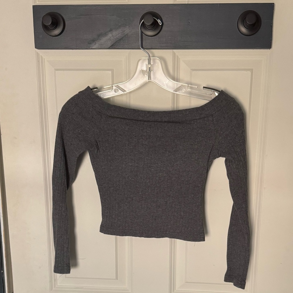 Gray Off-the-Shoulder Ribbed Knit Top